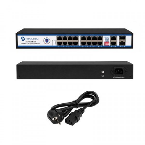 Novacom NVC-PSEG1622 16 Port 10/100/1000 Mbps 300 Watt Full Gigabit Metal Kasa PoE Switch Novacom NVC-PSEG1622 16 Port 10/100/1000 Mbps 300 Watt Full Gigabit Metal Kasa PoE Switch
