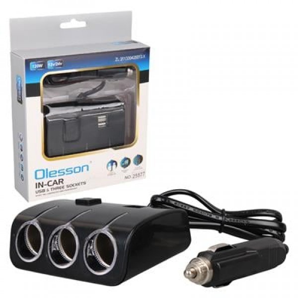 Olesson 1506 12-24V Çift USB Girişli 120W 80 CM Kablolu 3'LÜ Araç Çakmak Çoklayıcı