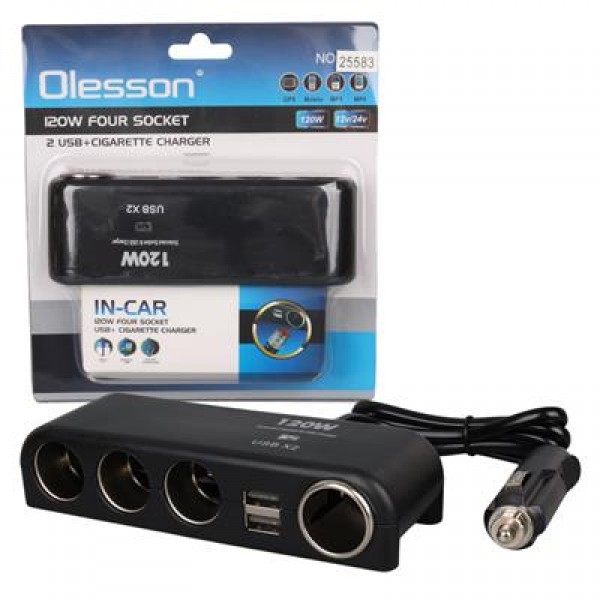 Olesson 1525 12-24V Çift USB'LI 120W 80cm Kablolu 4'LÜ Araç Çakmak Çoklayıcı