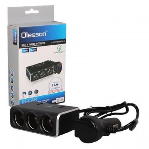Olesson 1639 12-24V Çift USB Girişli Hızlı Şarj Destekli 120W 80cm Kablolu Dijital Voltaj Ekranlı 3'lü Araç Çakmak Çoklayıcı