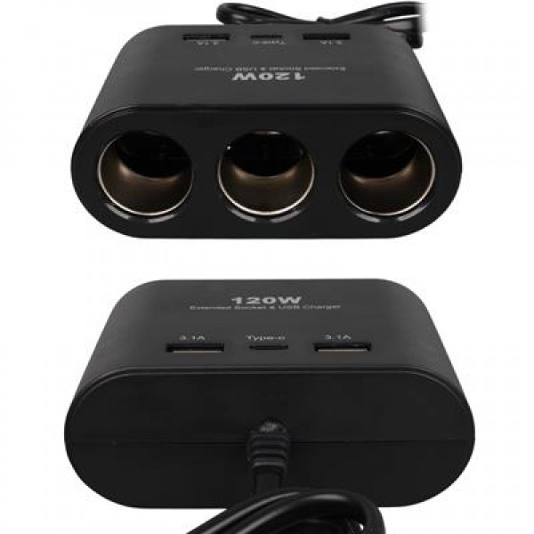 Olesson 1653 12-24V Çift USB + TYPE-C Girişli 100W 70cm Kablolu 3'lü Araç Çakmak Çoklayıcı