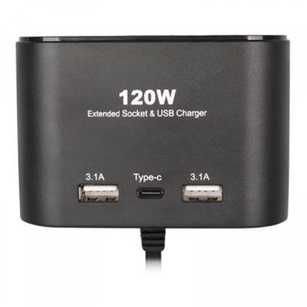 Olesson 1653 12-24V Çift USB + TYPE-C Girişli 100W 70cm Kablolu 3'lü Araç Çakmak Çoklayıcı