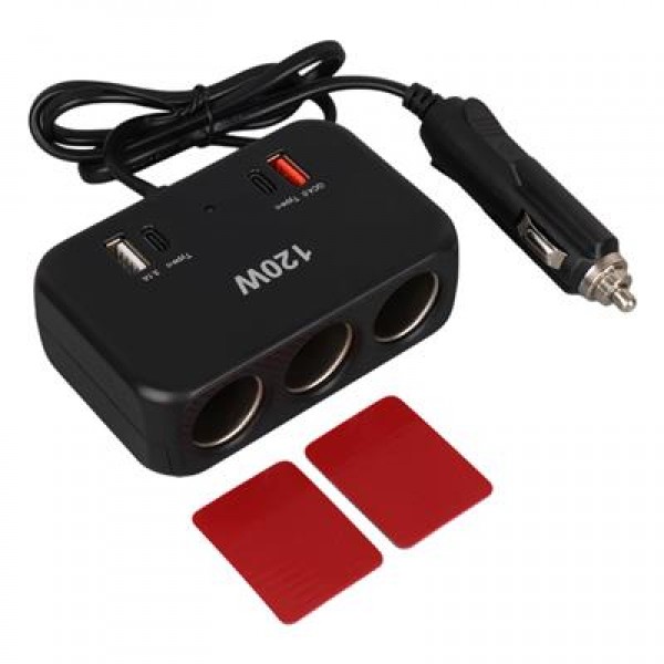 Olesson 1656 12-24V Çift USB + Çift TYPE-C 120W 80cm Kablolu 3'lü Araç Çakmak Çoklayıcı