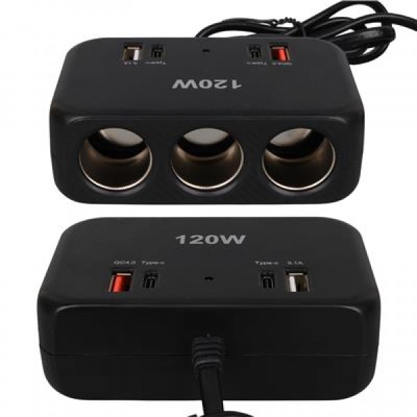 Olesson 1656 12-24V Çift USB + Çift TYPE-C 120W 80cm Kablolu 3'lü Araç Çakmak Çoklayıcı