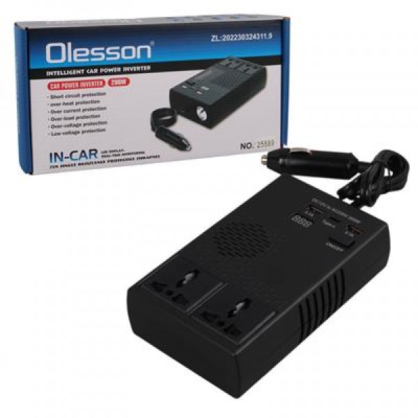 Olesson 1664 DC 12-24V 200W Oto Araç Power İnverter 1x Çakmak Girişi - 1x TYPE-C - 2x USB - 2x 220V Üniversal Priz