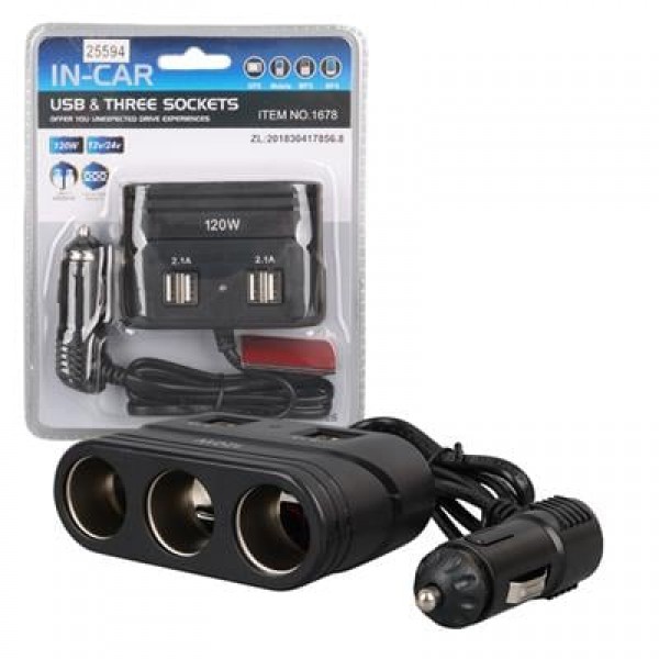 Olesson 1678 12-24V 4 USB Girişli 120W 80cm Kablolu 3'lü Araç Çakmak Çoklayıcı
