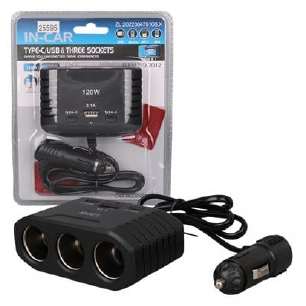 Olesson 2012 12-24V Çift TYPE-C - Tek USB Girişli 120W 80cm Kablolu 3'LÜ Araç Çakmak Çoklayıcı