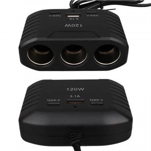 Olesson 2012 12-24V Çift TYPE-C - Tek USB Girişli 120W 80cm Kablolu 3'LÜ Araç Çakmak Çoklayıcı