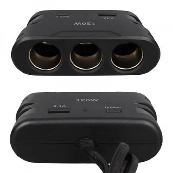 Olesson 2013 12-24V TYPE-C + USB Girişli 120W 80 CM Kablolu 3'lü Araç Çakmak Çoklayıcı