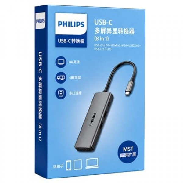 Philips SWR1602S/93 USB-C 8'i 1 Arada 8K DP + Dual 4K HDMI + VGA 100W PD Ultra Hub İstasyonu Philips SWR1602S/93 USB-C 8'i 1 Arada 8K DP + Dual 4K HDMI + VGA 100W PD Ultra Hub İstasyonu