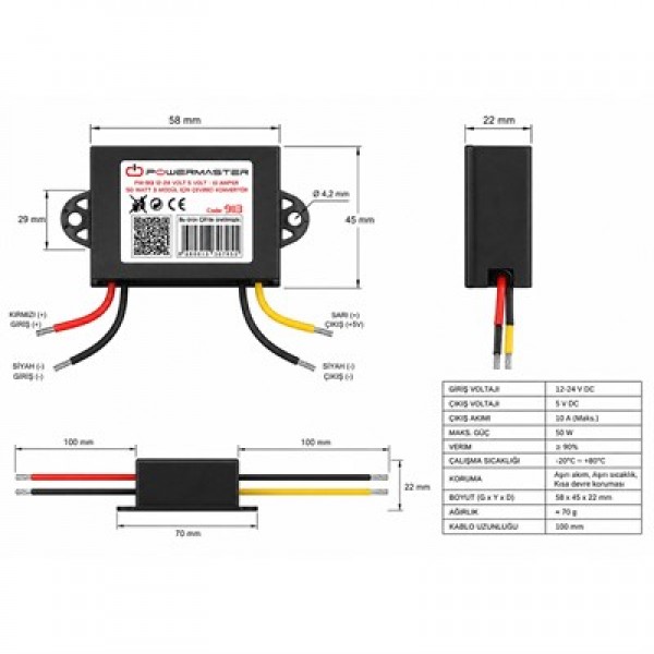 Powermaster PM-9113 12-24V Giriş 5V 10A 50W DC-DC Voltaj Düşürücü Çevirici Konvertör Powermaster PM-9113 12-24V Giriş 5V 10A 50W DC-DC Voltaj Düşürücü Çevirici Konvertör
