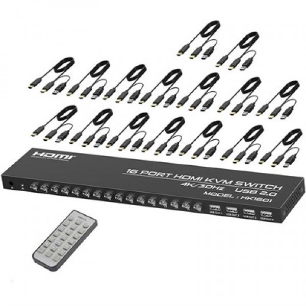 Powermaster HK1601 16 Port 4K 30HZ Video HDMI 2.0 Kvm Anahtarlı Kablolu Switch