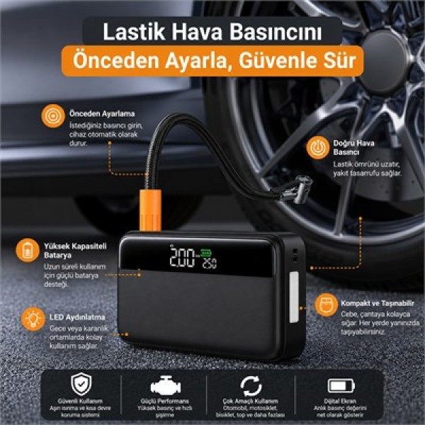 Powermaster N33 Lastik Hava Kompresörlü Akü Takviye Cihazı 65W Fast Powerbank