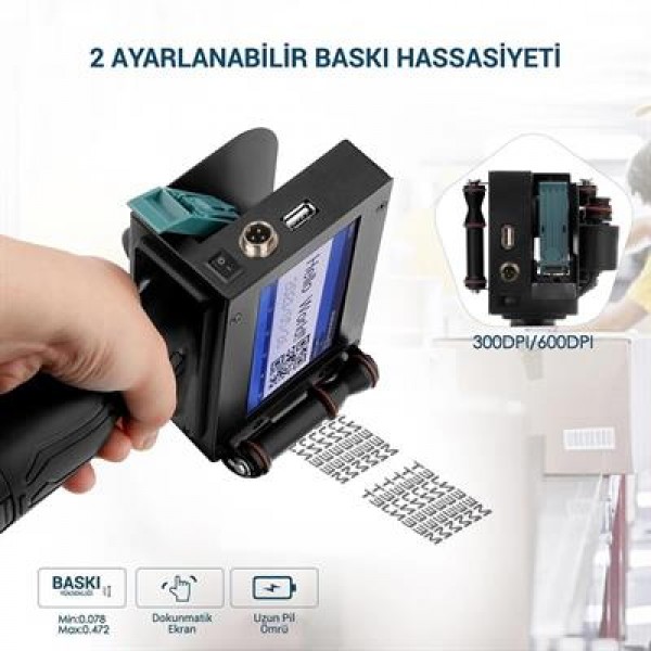 Powermaster PM-10878 4.3'' Dokunmatik Ekranlı Şarjlı Endüstriyel El Tipi Portatif Mürekkep Yazıcı