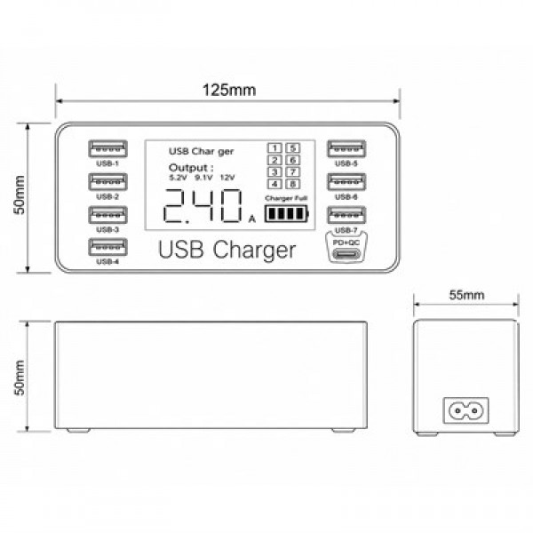 Powermaster PM-26057 8 Portlu LCD Ekranlı Akıllı USB ve Type-C PD Şarj İstasyonu Powermaster PM-26057 8 Portlu LCD Ekranlı Akıllı USB ve Type-C PD Şarj İstasyonu