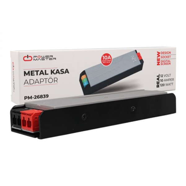 PowerMaster PM-26839 12 Volt 10 Amper 120 Watt Slim Metal Kasa Adaptör Voltaj Göstergeli 189x51x27mm