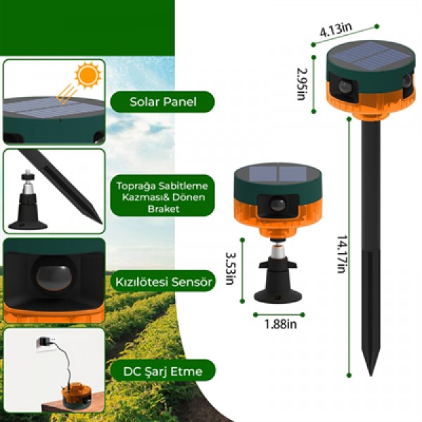 PowerMaster PM-26946 13 Farklı Sesli Hayvan Kovucu Alarm Cihazı Mikrofonlu Solar Panelli