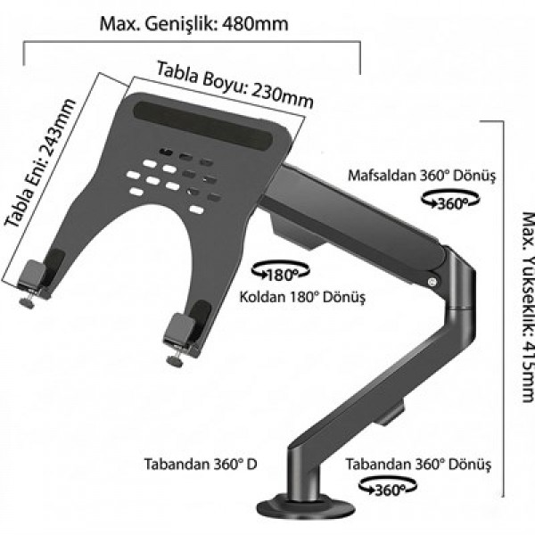 Powermaster PM-27096 Profesyonel Amortisörlü 2'si 1 Arada Laptop ve Monitör Standı