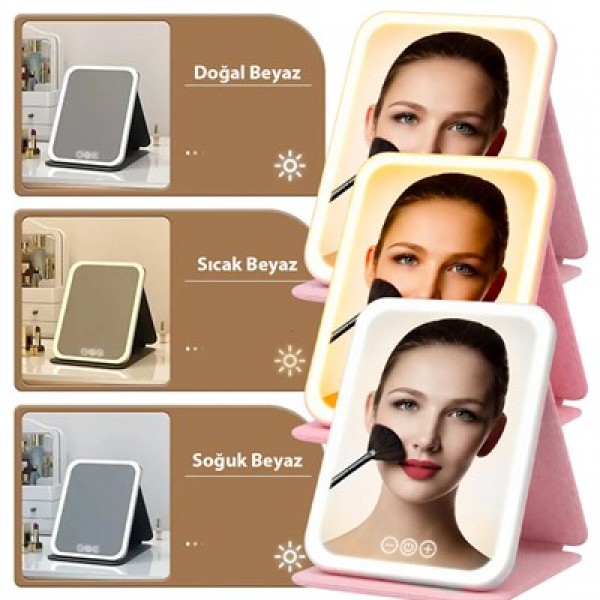 Powermaster PM-27372 Dc 5V Işıklı 3 Renk Modlu Şarjlı Katlanabilir Ledli Küçük Boy     Profesyonel  Makyaj Aynası 