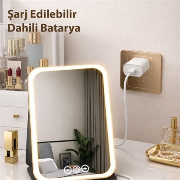 Powermaster PM-27373 Işıklı Profesyonel Makyaj Aynası 3 Renk Modlu Şarjlı Katlanabilir