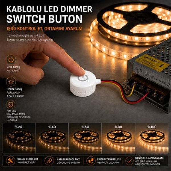 Powermaster PM-30775 5V 13 mm Kablolu Beyaz LED Dimmer Switch Buton Powermaster PM-30775 5V 13 mm Kablolu Beyaz LED Dimmer Switch Buton