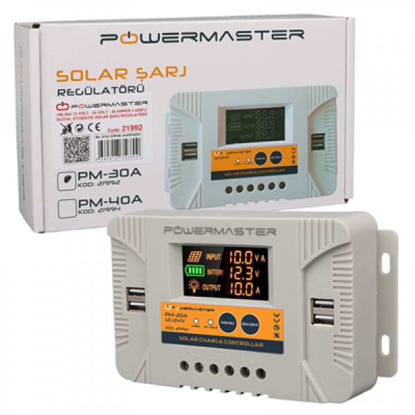 Powermaster PM-30A 12V-24V 30 Amper 4 USB Çıkışlı Dijital Ekranlı Solar Şarj Regülatörü