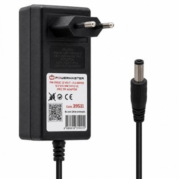 Powermaster PM-39531 Siyah 12 Volt - 2.5 Amper Plastik Kasa 5.5*2.5 Mm Yaylı Uç Priz Tipi Adaptör Powermaster PM-39531 Siyah 12 Volt - 2.5 Amper Plastik Kasa 5.5*2.5 Mm Yaylı Uç Priz Tipi Adaptör