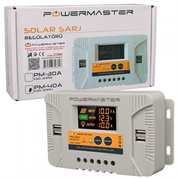 Powermaster PM-40A 12V-24V 40 Amper 4 USB Çıkışlı Dijital Ekranlı Solar Şarj Regülatörü