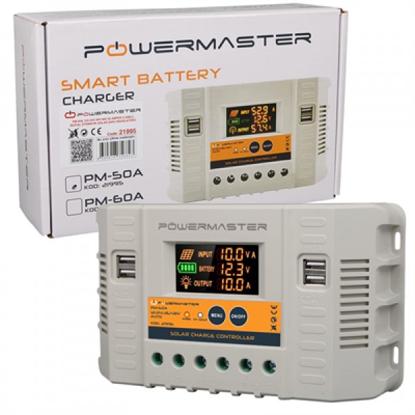 Powermaster PM-50A 12V-24V-36V-48V 50 Amper 4 USB'li Dijital Otomatik Solar Şarj Regülatörü
