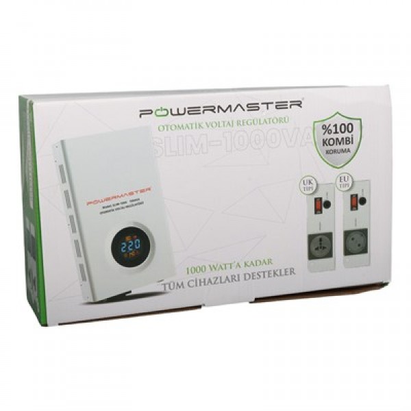 Powermaster SLIM-1000 Otomatik 1000VA Kombi Voltaj Regülatörü (İngiliz Fişli ve Evrensel Çoklu Soketli) Powermaster SLIM-1000 Otomatik 1000VA Kombi Voltaj Regülatörü (İngiliz Fişli ve Evrensel Çoklu Soketli)