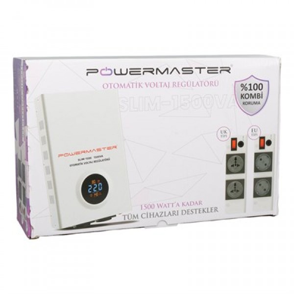 Powermaster SLIM-1500 Otomatik 1500VA Kombi Voltaj Regülatörü (İngiliz Fişli ve Evrensel Çoklu Soketli) Powermaster SLIM-1500 Otomatik 1500VA Kombi Voltaj Regülatörü (İngiliz Fişli ve Evrensel Çoklu Soketli)