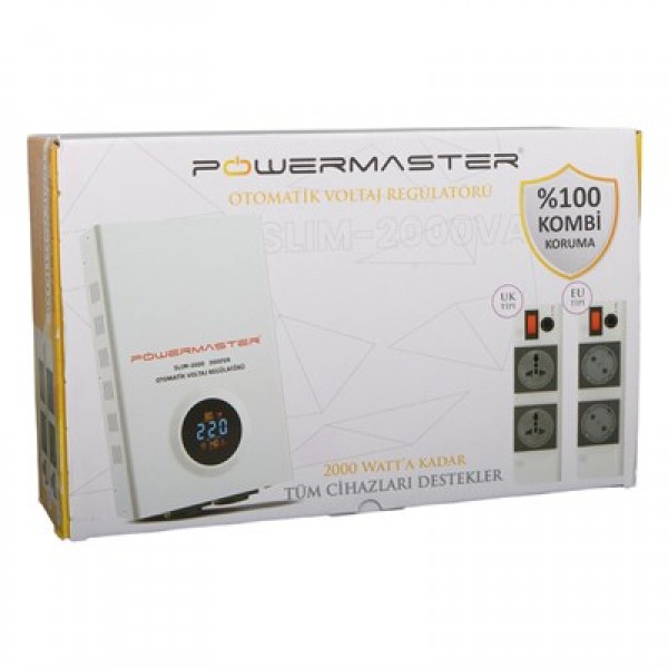 Powermaster SLIM-2000 Otomatik 2000VA Kombi Voltaj Regülatörü (İngiliz Fişli ve Evrensel Çoklu Soketli) Powermaster SLIM-2000 Otomatik 2000VA Kombi Voltaj Regülatörü (İngiliz Fişli ve Evrensel Çoklu Soketli)