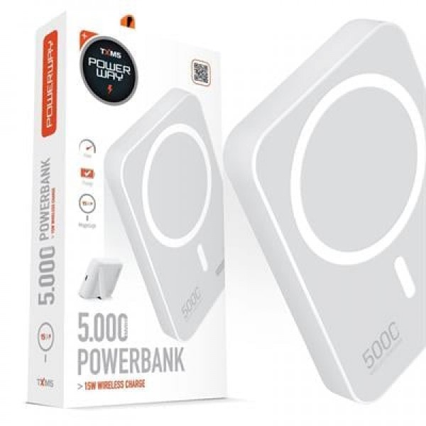 Powerway 5.000mAh PD15W Magsafe Kablosuz Wireless Taşınabilir Şarj Cihazı Beyaz Powerbank TXM5