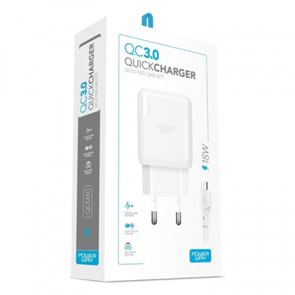 Powerway QCM30 18W Hızlı Şarj Adaptörü + Micro USB Kablo Seti