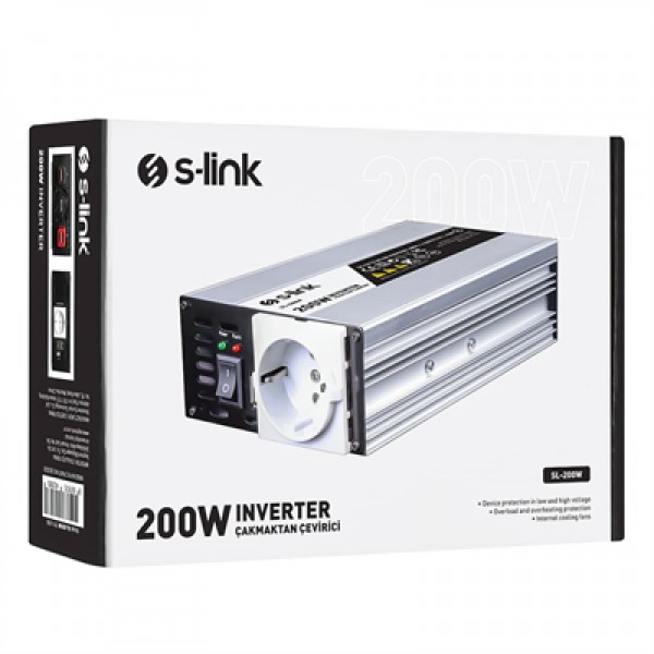 S-Link SL-200W-12 200 Watt DC 12V - AC 230V Anahtarlı Tek USB Portlu Çakmaktan Power Inverter
