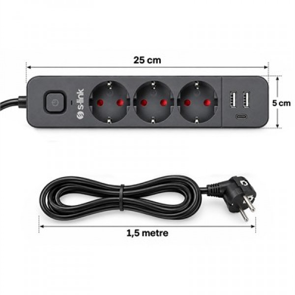 S-Link SPG03U 2 Usb + 1 Type C 5V2.4A 3X1.0mm Bakır 1.5M Kablo 750 Joule 3'lü Anahtarlı Siyah Akım Korumalı Priz S-Link SPG03U 2 Usb + 1 Type C 5V2.4A 3X1.0mm Bakır 1.5M Kablo 750 Joule 3'lü Anahtarlı Siyah Akım Korumalı Priz