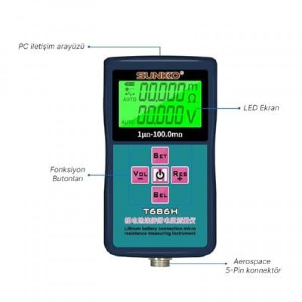 Sunkko T686H Hassas Pil İç Direnç ve Voltaj Test Cihazı (0-100V - 0-100 Ohm)
