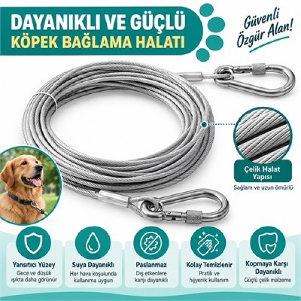 Sunup SN-38106 2 Metre Çelik Köpek Bağlama Halatı Kilitli Karabina PVC Kaplamalı