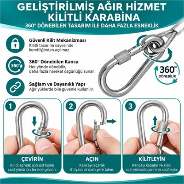 Sunup SN-38107 5 Metre Çelik Köpek Bağlama Halatı Kilitli Karabina PVC Kaplamalı