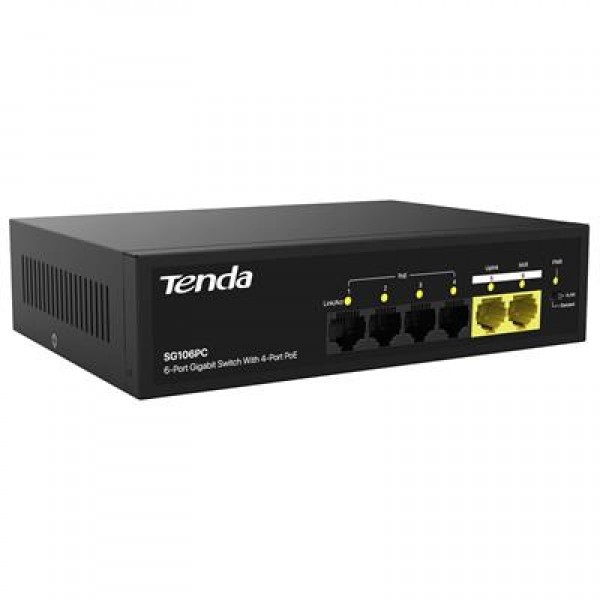 Tenda S106PC 6-Portlu 10/100 Mbps Lite PoE Uplink Switch (4 Port PoE Destekli 55W Toplam Güç)