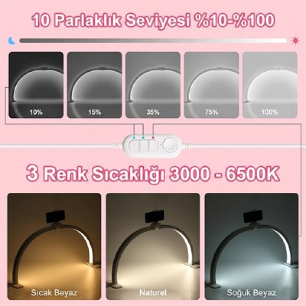 TrLed F-550A Siyah 55cm Katlanabilir Yarım Ay Protez Tırnak ve Güzellik Uzmanı Masa Lambası Siyah