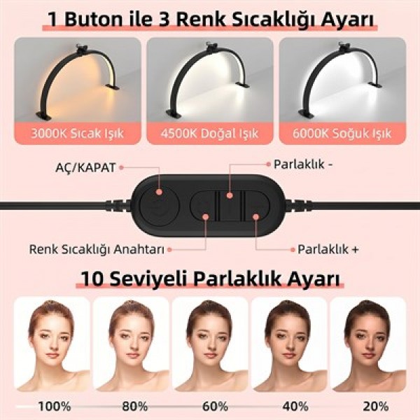 TrLed F-700A 70CM Pembe Elmas Taşlı Beyaz Katlanabilir Masaüstü Manikür ve Protez Tırnak Lambası