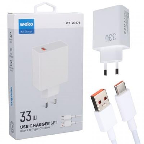Weko WK-27876 M11 Beyaz 33 Watt Turbo Usb Şarj Başlık Adaptörü + Type-C Kablo