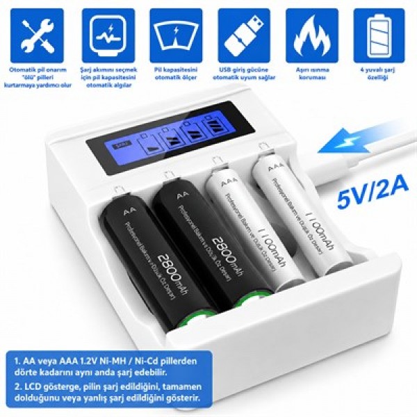 X-LEVEL CH1-201AL 4 Yuvalı LCD Ekranlı Akıllı AA/AAA Ni-MH Hızlı Pil Şarj Cihazı X-LEVEL CH1-201AL 4 Yuvalı LCD Ekranlı Akıllı AA/AAA Ni-MH Hızlı Pil Şarj Cihazı