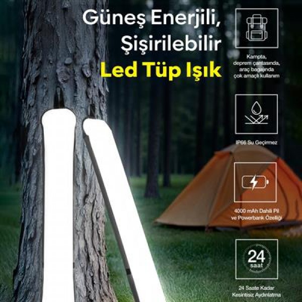ZMR ZMR-385 Katlanır Şişirilebilir Beyaz Ledli Aydınlatma Tüpü USB Ve Güneş Enerjisi Şarjlı Armatür